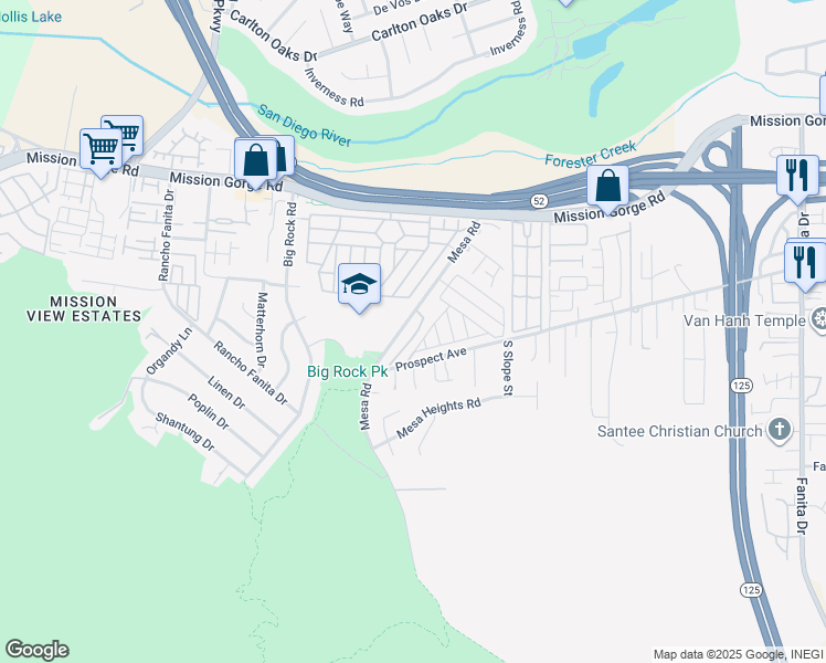 map of restaurants, bars, coffee shops, grocery stores, and more near 8595 Mesa Road in Santee