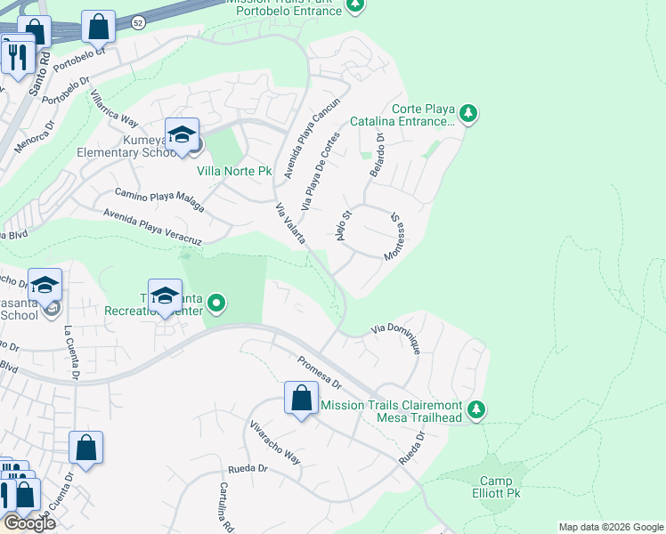 map of restaurants, bars, coffee shops, grocery stores, and more near 11110 Collegio Drive in San Diego