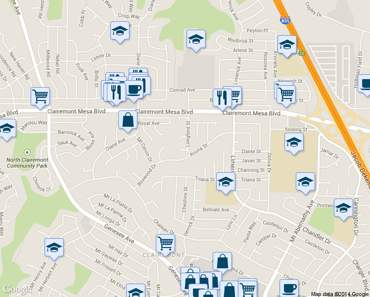 map of restaurants, bars, coffee shops, grocery stores, and more near 4826 Longford Street in San Diego