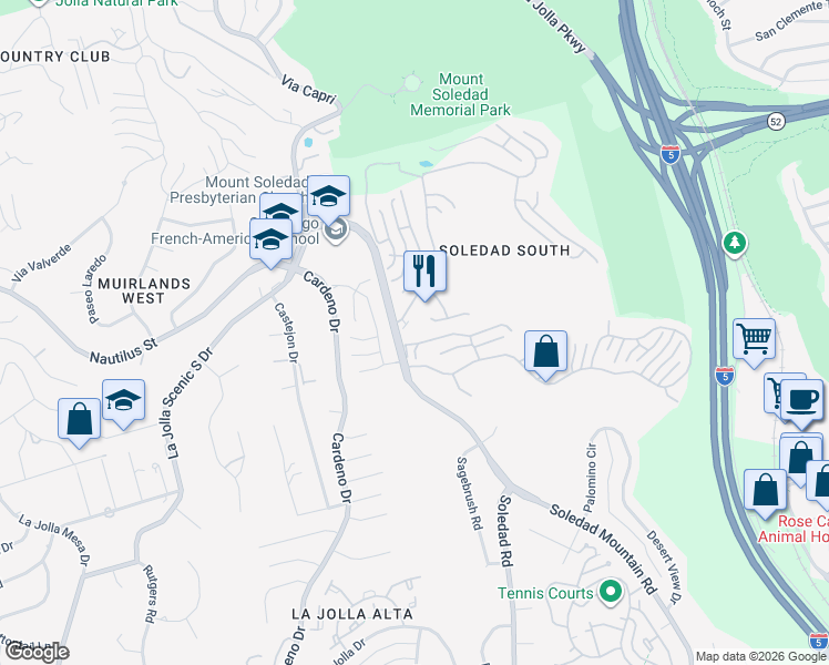 map of restaurants, bars, coffee shops, grocery stores, and more near 6419 Caminito Blythefield in San Diego