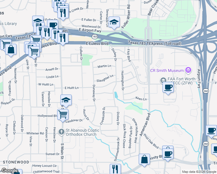 map of restaurants, bars, coffee shops, grocery stores, and more near 508 East Huitt Lane in Euless