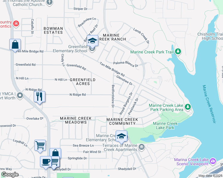 map of restaurants, bars, coffee shops, grocery stores, and more near 6001 Greenfield Road in Fort Worth