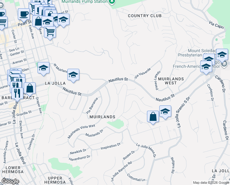 map of restaurants, bars, coffee shops, grocery stores, and more near 6714 Muirlands Drive in San Diego