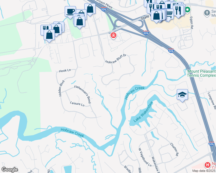 map of restaurants, bars, coffee shops, grocery stores, and more near 646 Palisades Drive in Mount Pleasant