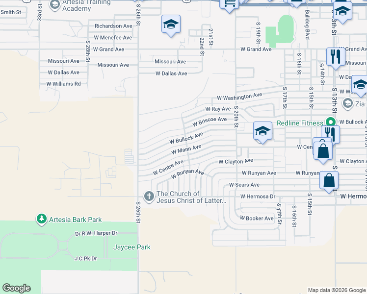 map of restaurants, bars, coffee shops, grocery stores, and more near 2309 West Bullock Avenue in Artesia