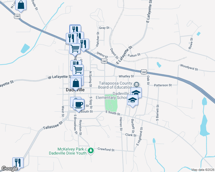 map of restaurants, bars, coffee shops, grocery stores, and more near 345-355 N East St in Dadeville