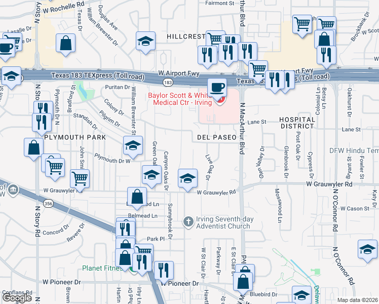 map of restaurants, bars, coffee shops, grocery stores, and more near 1718 Cripple Creek Drive in Irving
