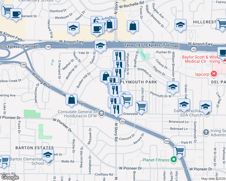 map of restaurants, bars, coffee shops, grocery stores, and more near 1717 North Story Road in Irving