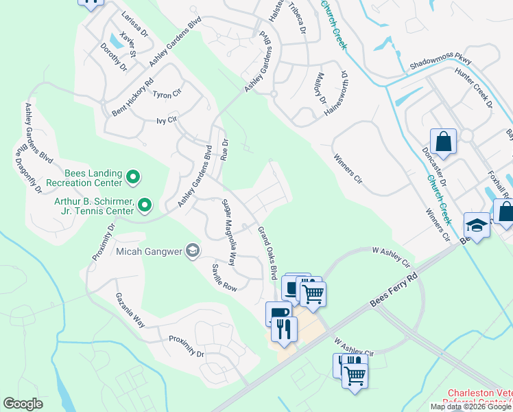map of restaurants, bars, coffee shops, grocery stores, and more near 107 Fulmar Place in Charleston