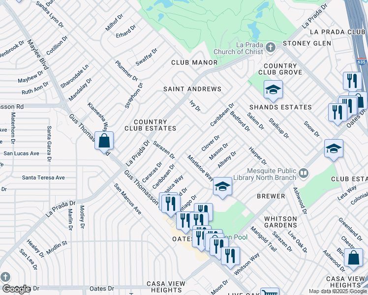 map of restaurants, bars, coffee shops, grocery stores, and more near 3338 Caracas Drive in Mesquite