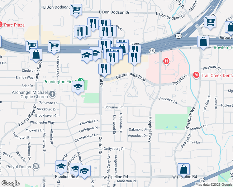 map of restaurants, bars, coffee shops, grocery stores, and more near 2228 Village Circle in Bedford