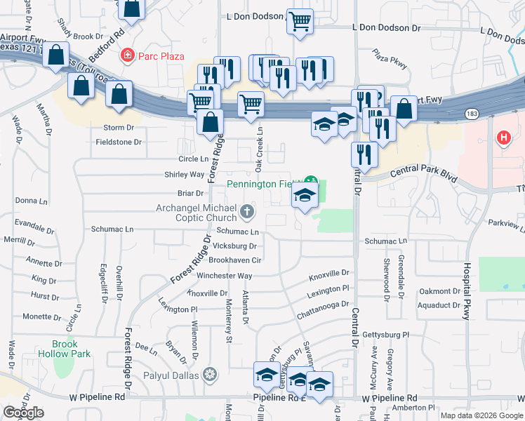 map of restaurants, bars, coffee shops, grocery stores, and more near 1417 Autumn Chase Square in Bedford