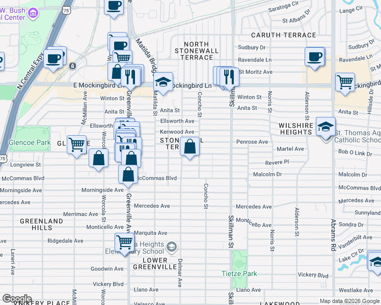 map of restaurants, bars, coffee shops, grocery stores, and more near in Dallas