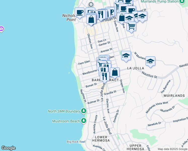 map of restaurants, bars, coffee shops, grocery stores, and more near 370-72 Nautilus Street in San Diego