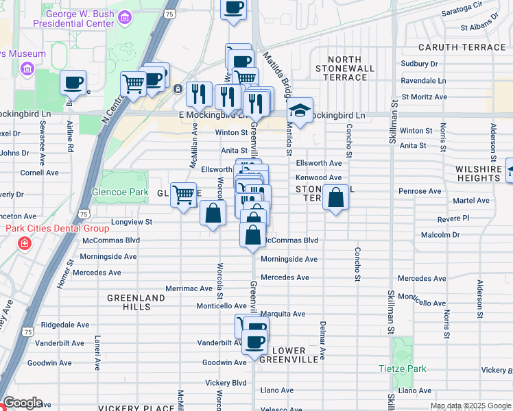 map of restaurants, bars, coffee shops, grocery stores, and more near 3606 Greenville Avenue in Dallas