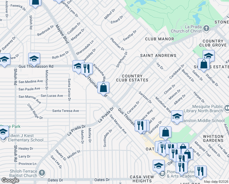 map of restaurants, bars, coffee shops, grocery stores, and more near 3629 Demaret Drive in Mesquite