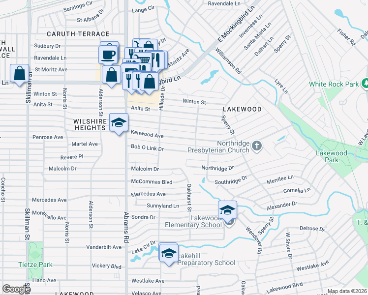 map of restaurants, bars, coffee shops, grocery stores, and more near 6542 Kenwood Avenue in Dallas