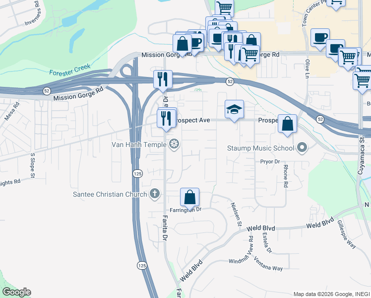 map of restaurants, bars, coffee shops, grocery stores, and more near 8642 Paseo Del Rey in Santee