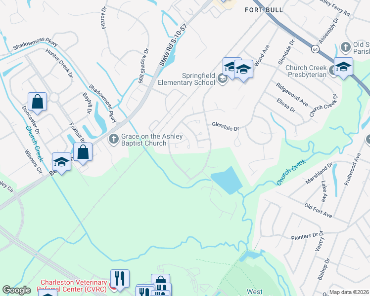 map of restaurants, bars, coffee shops, grocery stores, and more near 2848 North Moss Oak Lane in Charleston