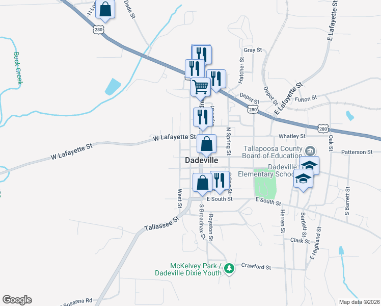 map of restaurants, bars, coffee shops, grocery stores, and more near 242 North Broadnax Street in Dadeville