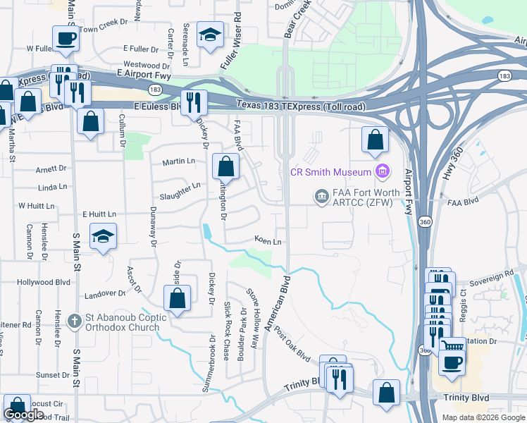 map of restaurants, bars, coffee shops, grocery stores, and more near 841 South Atkerson Lane in Euless