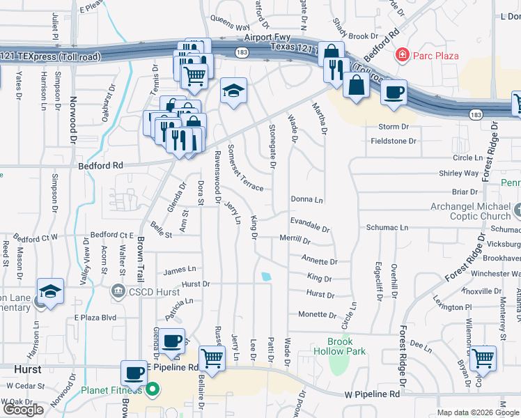 map of restaurants, bars, coffee shops, grocery stores, and more near 20 Barons Court in Bedford