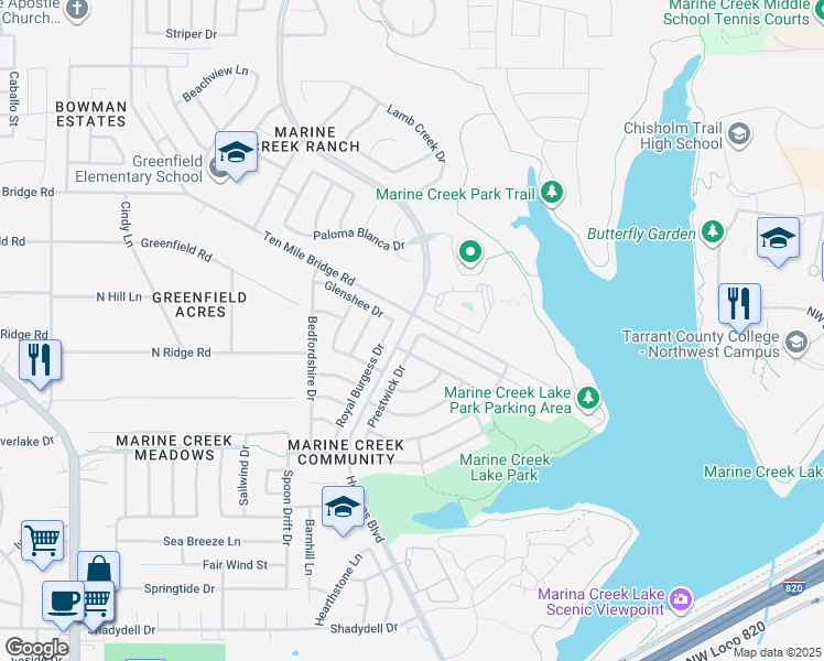 map of restaurants, bars, coffee shops, grocery stores, and more near 5317 Prestwick Drive in Fort Worth