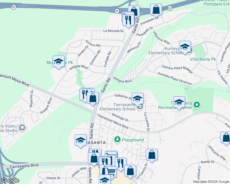 map of restaurants, bars, coffee shops, grocery stores, and more near 10612 Gabacho Drive in San Diego