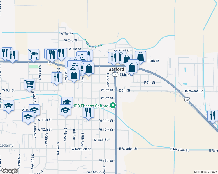 map of restaurants, bars, coffee shops, grocery stores, and more near 119 West 7th Street in Safford