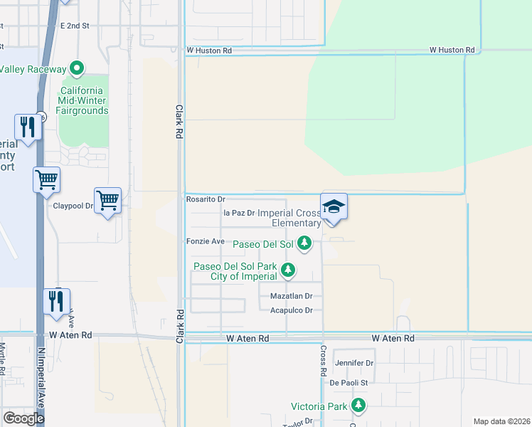 map of restaurants, bars, coffee shops, grocery stores, and more near 222 La Paz Drive in Imperial