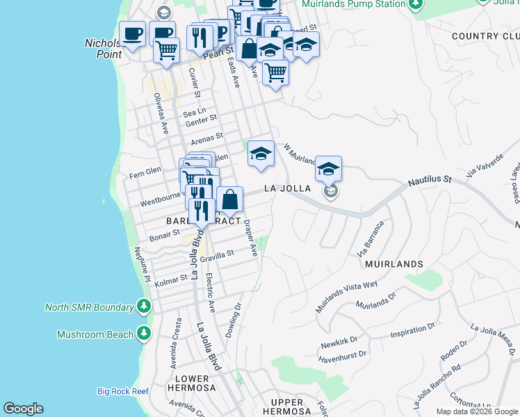 map of restaurants, bars, coffee shops, grocery stores, and more near 742 Bonair Way in San Diego