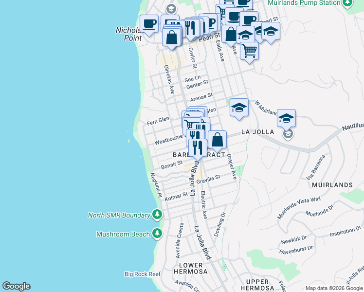 map of restaurants, bars, coffee shops, grocery stores, and more near 470 Nautilus Street in San Diego