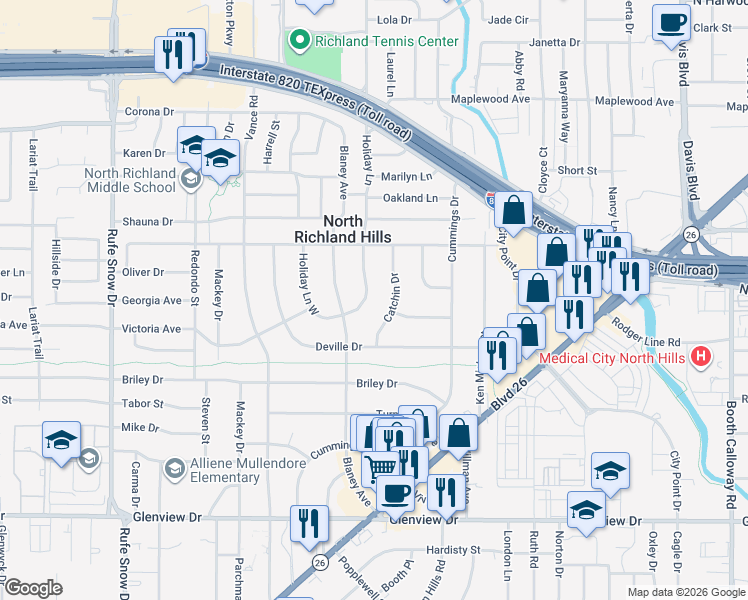 map of restaurants, bars, coffee shops, grocery stores, and more near 4701 Catchin Drive in Fort Worth