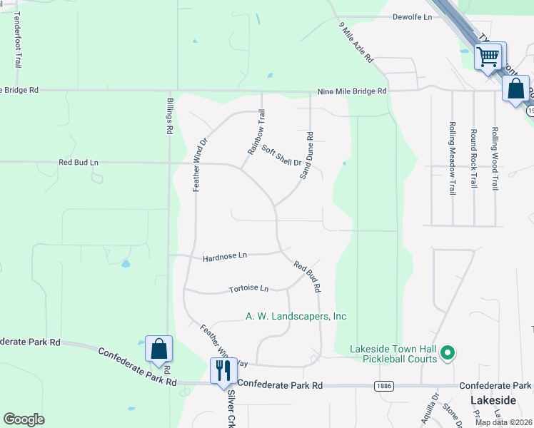 map of restaurants, bars, coffee shops, grocery stores, and more near 6517 Red Bud Road in Lakeside