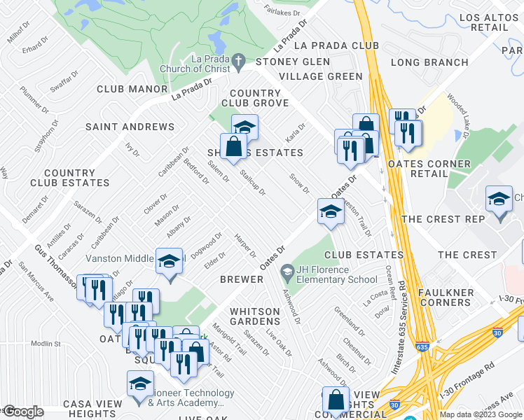 map of restaurants, bars, coffee shops, grocery stores, and more near 4744 Salem Drive in Mesquite