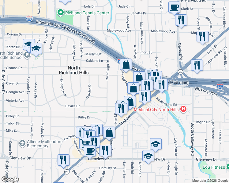 map of restaurants, bars, coffee shops, grocery stores, and more near 4332 Ken Michael Court in Fort Worth