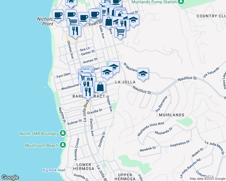 map of restaurants, bars, coffee shops, grocery stores, and more near 742 Bonair Way in San Diego