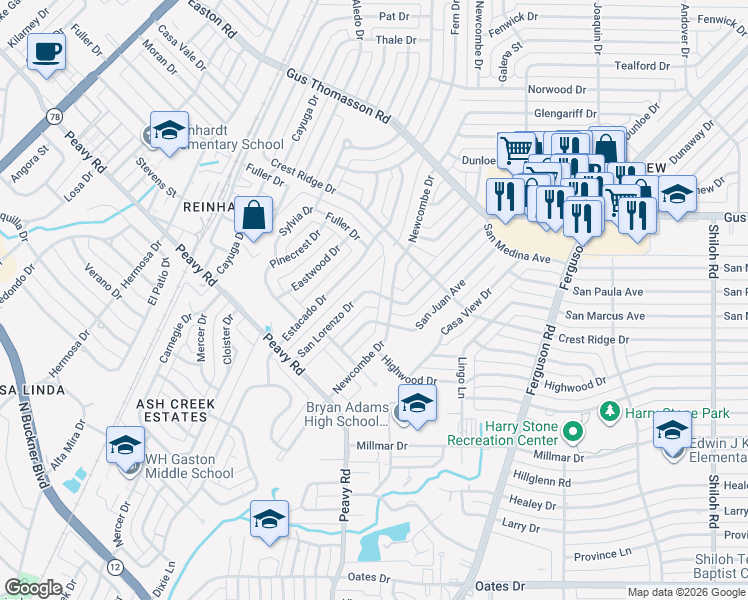 map of restaurants, bars, coffee shops, grocery stores, and more near 10126 San Lorenzo Drive in Dallas