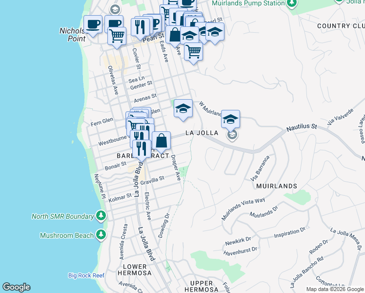 map of restaurants, bars, coffee shops, grocery stores, and more near 742 Bonair Way in San Diego
