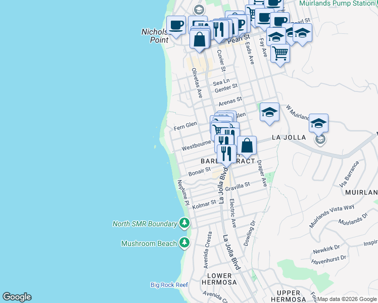 map of restaurants, bars, coffee shops, grocery stores, and more near 7010 Vista Del Mar Avenue in San Diego