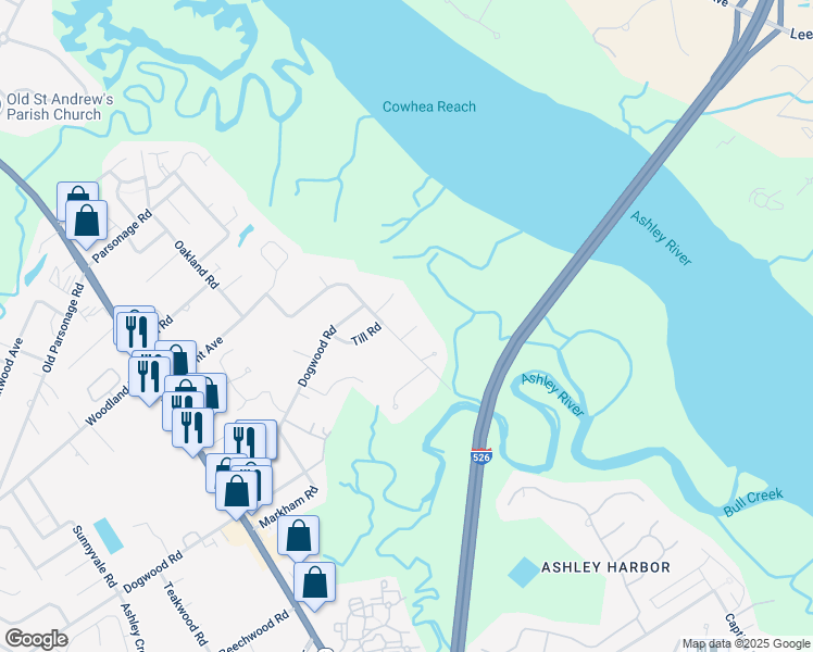 map of restaurants, bars, coffee shops, grocery stores, and more near 2112 Coffey Court in Charleston