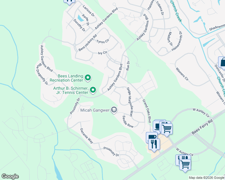 map of restaurants, bars, coffee shops, grocery stores, and more near 225 Hampton Bluff Drive in Charleston
