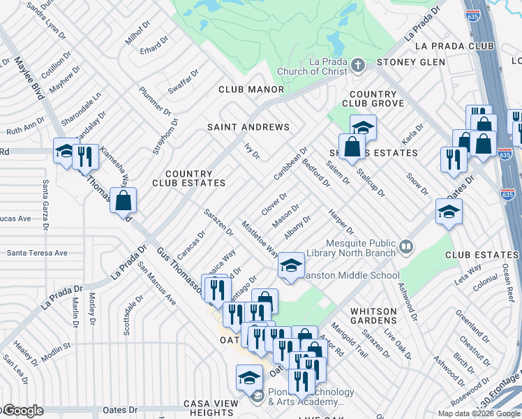 map of restaurants, bars, coffee shops, grocery stores, and more near 3124 Caribbean Drive in Mesquite