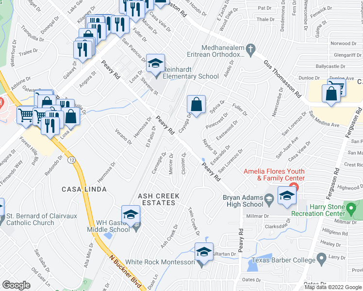 map of restaurants, bars, coffee shops, grocery stores, and more near 1718 Peavy Road in Dallas