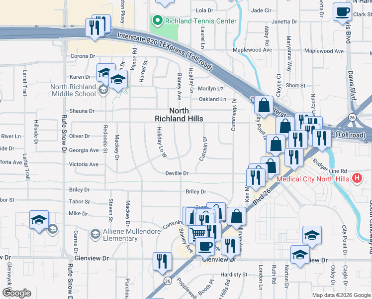 map of restaurants, bars, coffee shops, grocery stores, and more near 4617 Holiday Lane in North Richland Hills