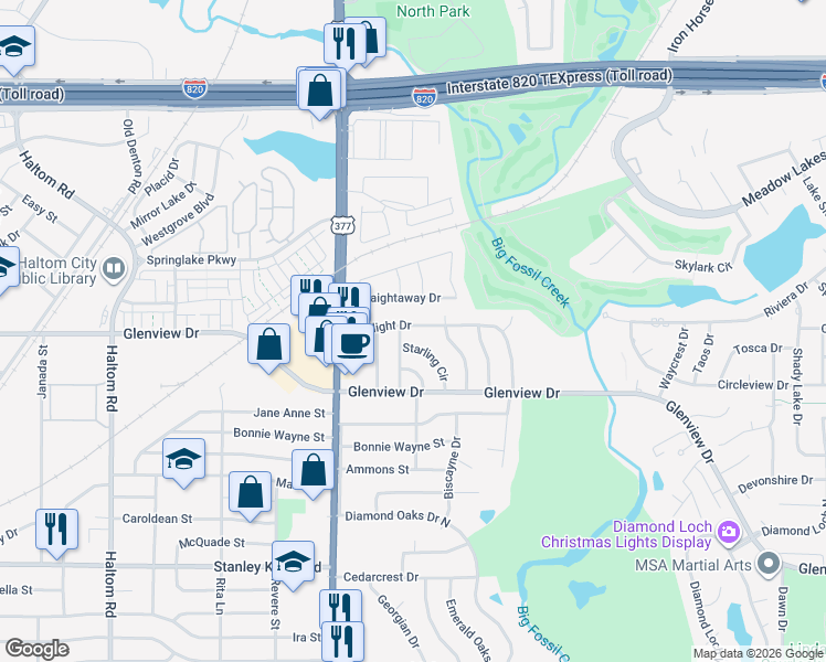 map of restaurants, bars, coffee shops, grocery stores, and more near 5704 Starlight Drive in Haltom City