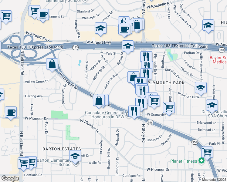 map of restaurants, bars, coffee shops, grocery stores, and more near 2650 Roger Williams Drive in Irving