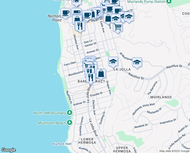 map of restaurants, bars, coffee shops, grocery stores, and more near 525 Nautilus Street in San Diego