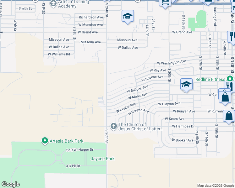 map of restaurants, bars, coffee shops, grocery stores, and more near 2510 West Mann Avenue in Artesia
