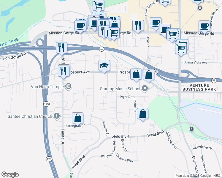 map of restaurants, bars, coffee shops, grocery stores, and more near 8638 Atlas View Drive in Santee